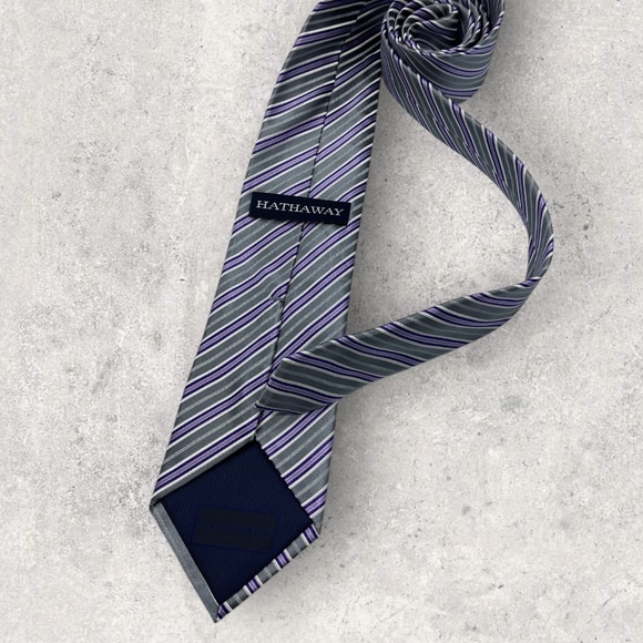 HATHAWAY Gray/Purple Striped Silk LUXURY Tie - Picture 2 of 5